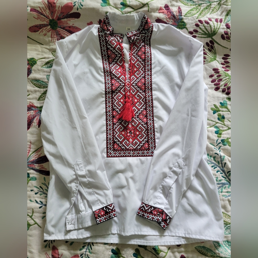 White and Red Embroidered Men's Shirt